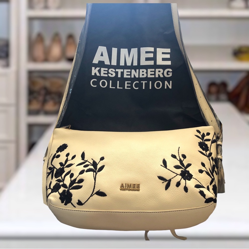 Aimee Kestenberg Large Pebble Leather Cream Black Floral Embroid Bag